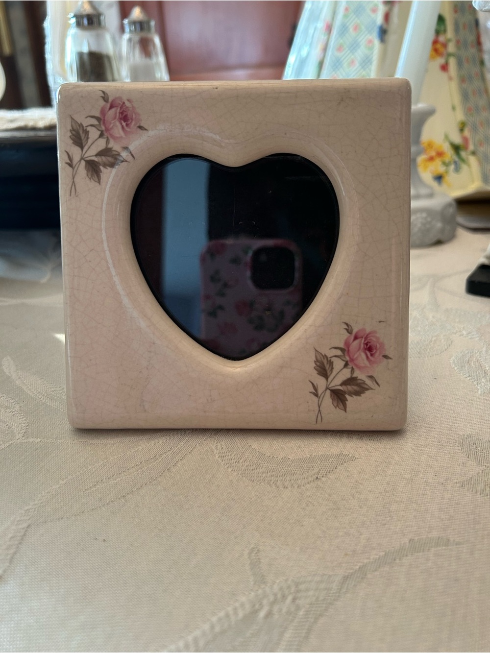 Vintage white pink ceramic rose heart shaped picture frame coquette
